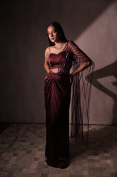 Wine Red Satin Draped Saree with Sequined Tassel Pallu